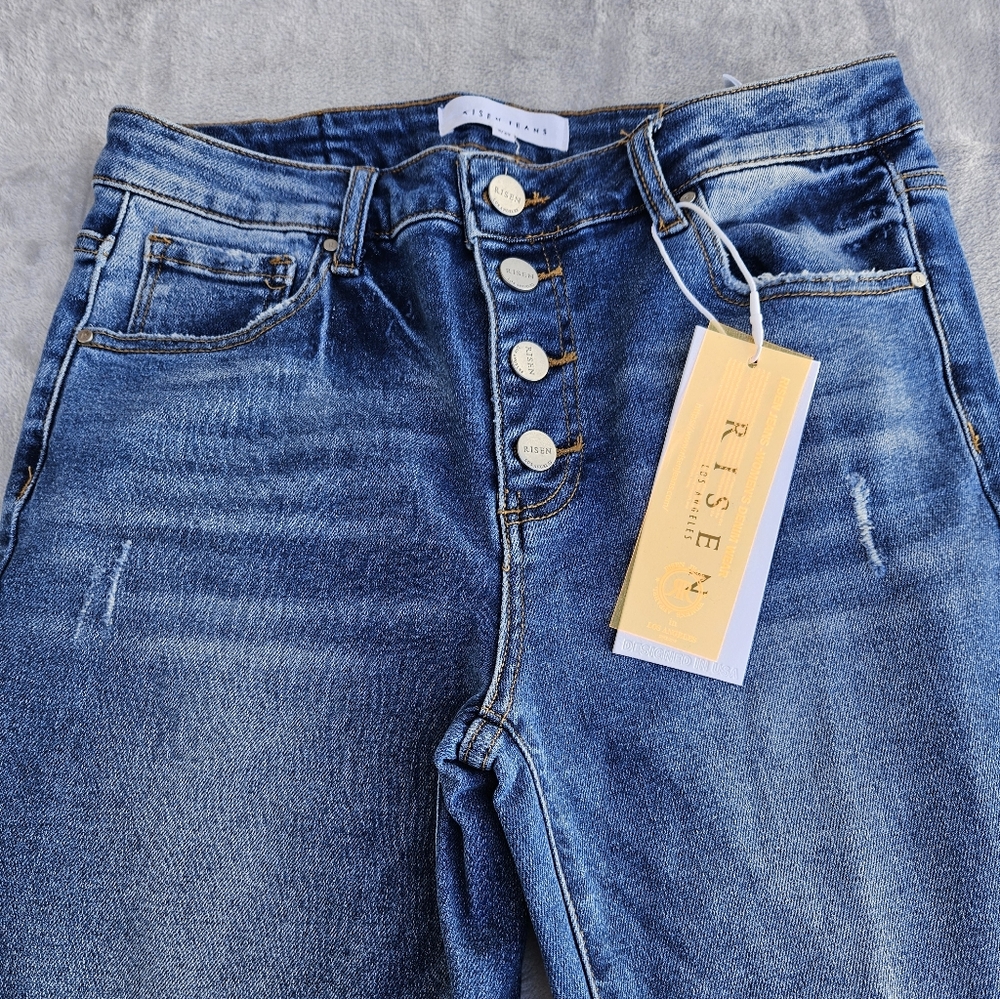 Risen High Rise Flare Cropped Button Fly Medium Wash 5 Pocket Jeans 9/29 - Picture 2 of 14